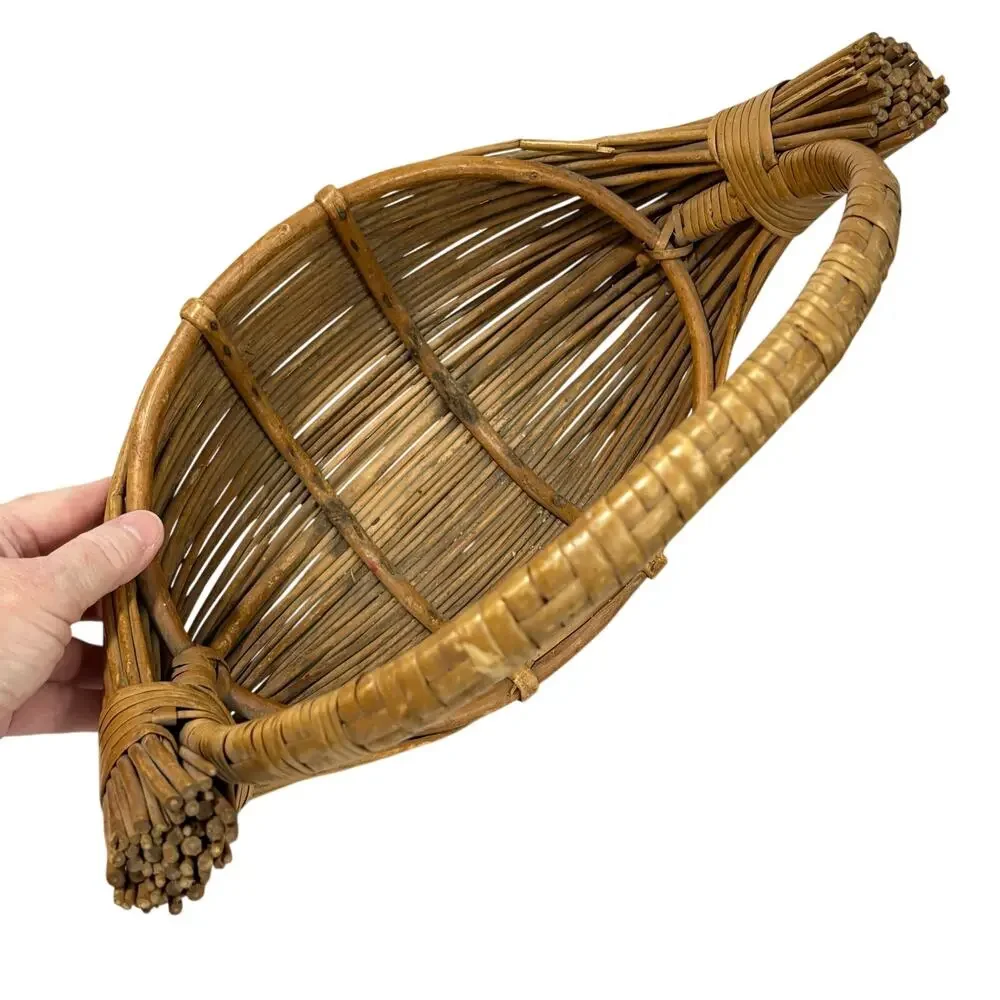 Pencil Reed Wood Basket handmade signed unique boat shape vintage centerpiece